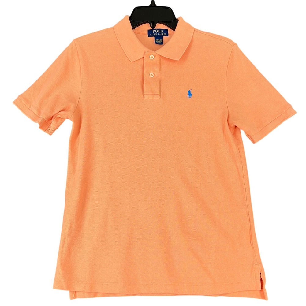 Polo‎ Ralph Lauren Mesh Cotton Short Sleeve Shirt Orange Blue Pony L 14-16 Boys